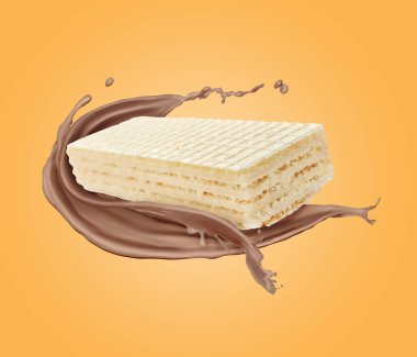 Lezzetli gofret ve çikolatalı süt turuncu arka planda havaya sıçrıyor.