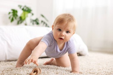 Küçük şirin bebek içeride yerde çıngırakla oynuyor.