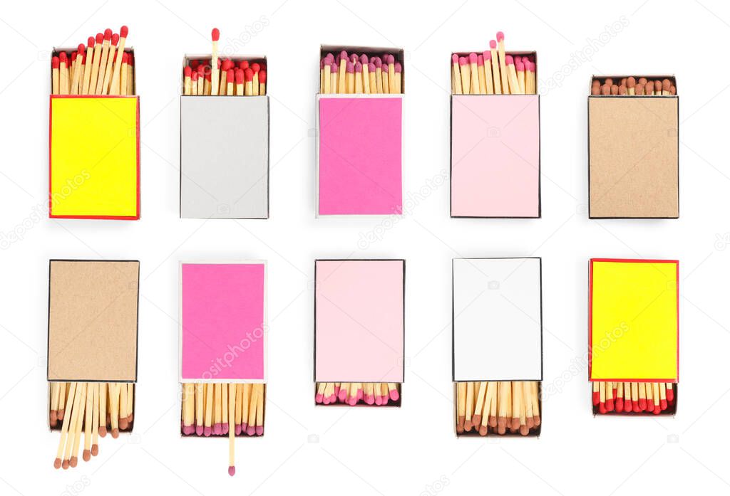 Cardboard boxes with matches on white background, set. Top view