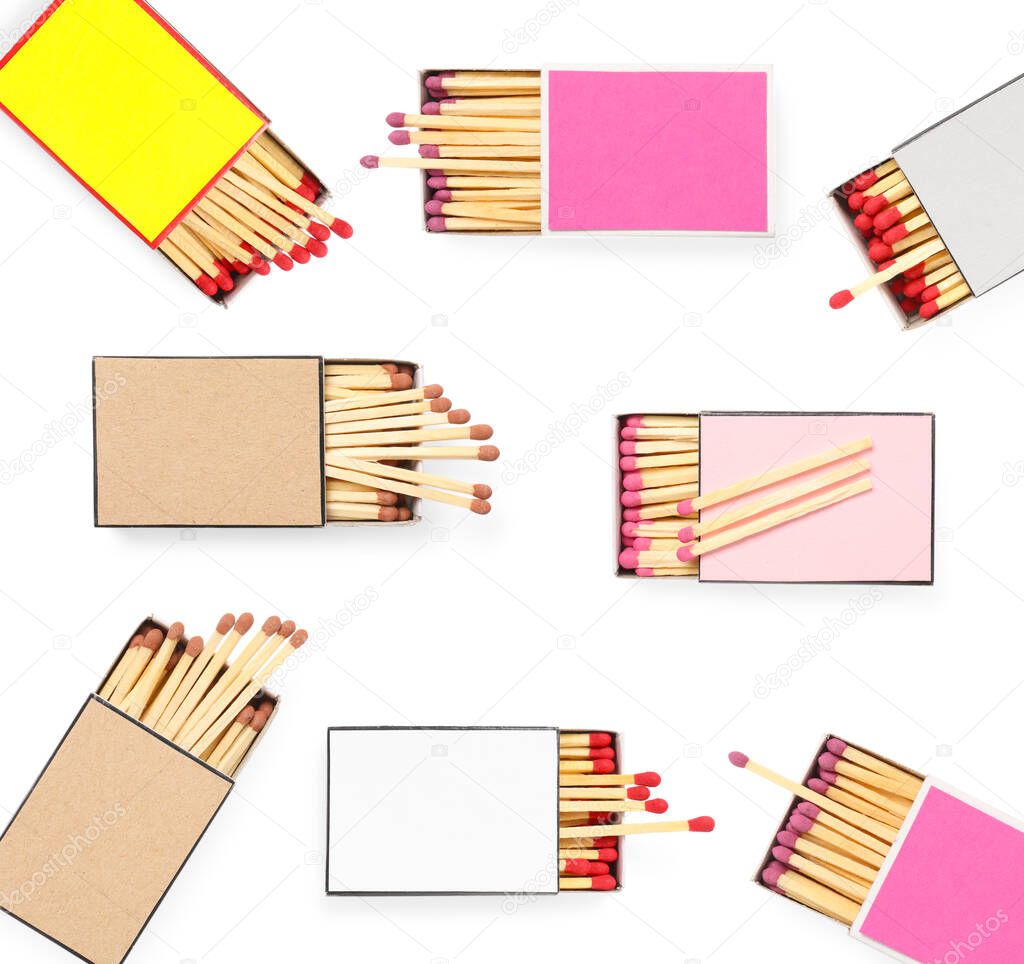 Cardboard boxes with matches on white background, set. Top view