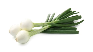 Taze taze soğanlar, beyazda izole edilmiş.