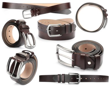 Beyaz arka planda koyu deri kemer, kolaj.