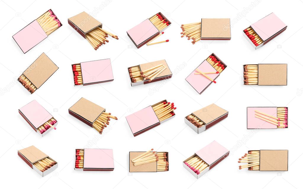 Cardboard boxes with matches on white background, set