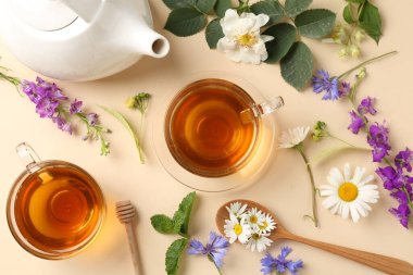 Cam fincanlarda aromatik bitki çayı, farklı çiçekler, bej arka planda nane ve çaydanlık, düz uzanma