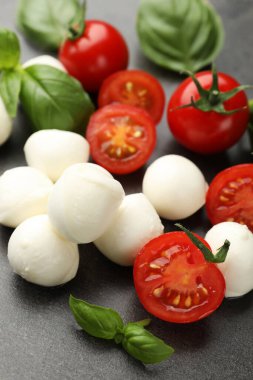 Mozzarella peyniri, domates ve fesleğen gri masada, yakın plan.