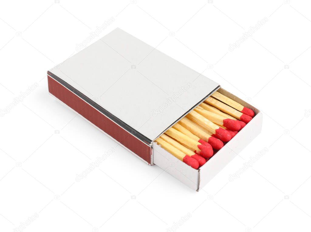 Matches in box isolated on white. Mockup for design