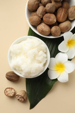 Bej arka planda doğal Shea yağı, düz uzanma