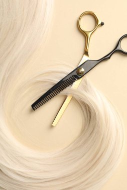 Bej arka planda saç kilidi ve makas, düz yatış