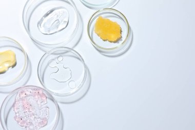 Petri kabında farklı kozmetik ürünleri, beyaz arka planda, düz yerde. Metin için boşluk