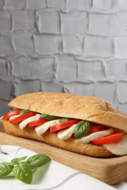 Mozarella peynirli, domatesli ve fesleğenli lezzetli sandviç gri desenli duvara karşı, yakın plan. Metin için boşluk