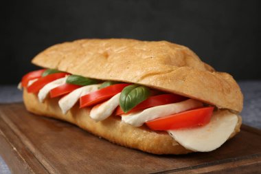 Mozarella peynirli, domatesli ve fesleğenli lezzetli sandviç siyah arka planda, yakın plan.