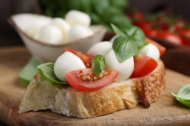 Mozarella peynirli, domatesli ve fesleğenli lezzetli sandviç, yakın plan.