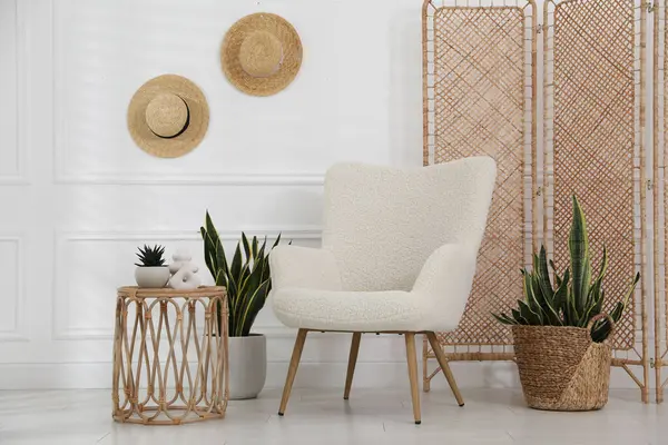 Rahat koltuk, yan masa ve beyaz duvarın yanındaki bitkiler.