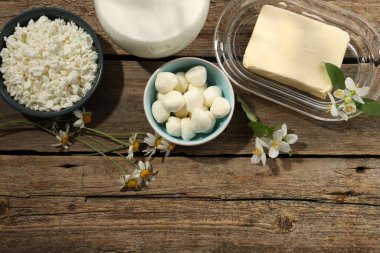 Farklı taze süt ürünleri ve çiçekler ahşap masada, düz yerde. Metin için boşluk