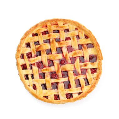 Kirazlı turta beyaza izole edilmiş, üst manzara