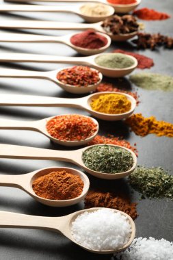 Gri masadaki kaşıklardaki farklı baharatlar, yakın plan.