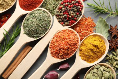 Gri masadaki kaşıklardaki farklı baharatlar, yakın plan.