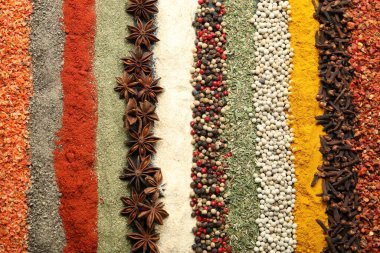 Arka plan olarak birçok farklı baharat, üst görünüm