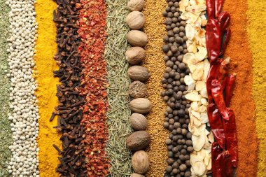 Arka plan olarak birçok farklı baharat, üst görünüm