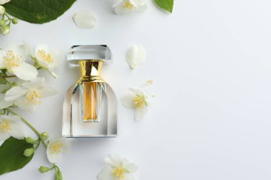 Bir şişe parfüm, yasemin çiçekleri ve beyaz arka planda yeşil yapraklar. Metin için boşluk