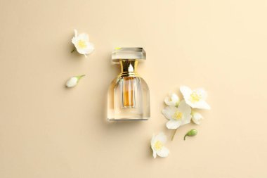 Bir şişe parfüm ve güzel yasemin çiçekleri bej arka planda, düz yerde