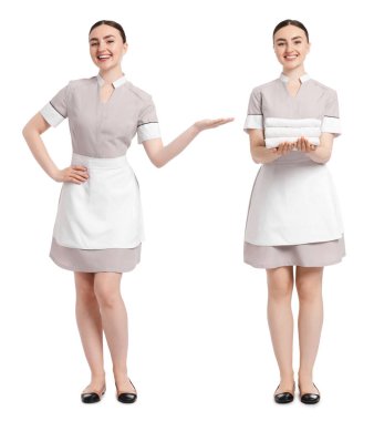 Beyaz arka planda mutlu genç oda hizmetçisi, kolaj