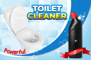 Tuvalet temizleyicisi tanıtım posteri. Fayanslı arka planda bir şişe ürün, kabarcıklar ve tuvalet