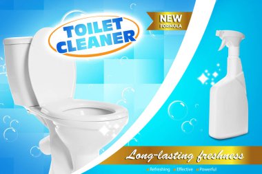 Tuvalet temizleyicisi tanıtım posteri. Fayanslı arka planda bir şişe ürün, kabarcıklar ve tuvalet