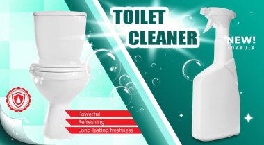 Tuvalet temizleyicisi tanıtım posteri. Bir şişe ürün, baloncuk ve tuvalet, deniz mavisi arka planına karşı.