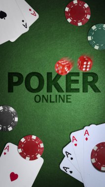 Çevrimiçi Poker ekran tasarımı. Yeşil arkaplanda çipler, zarlar ve iskambil kartları