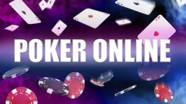 Çevrimiçi Poker ekran tasarımı. Uçan çipler ve renkli arka planda oyun kartları