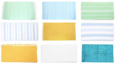 Beyaz arka planda farklı plaj havluları, set. Üst görünüm