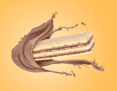 Lezzetli gofret ve çikolatalı süt turuncu arka planda havaya sıçrıyor.