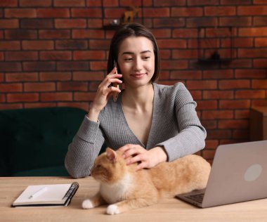 Akıllı telefondan konuşan ve ofis masasında kediyi okşayan bir kadın.