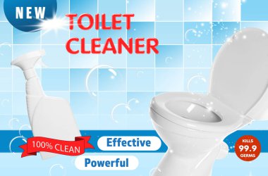 Tuvalet temizleyicisi tanıtım posteri. Fayanslı arka planda bir şişe ürün, kabarcıklar ve tuvalet