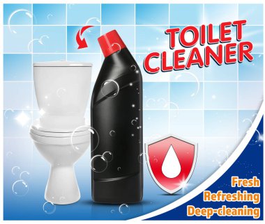 Tuvalet temizleyicisi tanıtım posteri. Fayanslı arka planda bir şişe ürün, kabarcıklar ve tuvalet