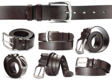 Beyaz arka planda koyu deri kemer, kolaj.