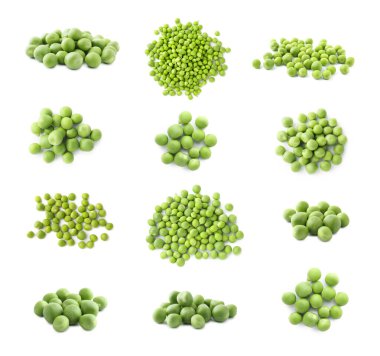 Beyaza izole edilmiş taze bezelyeler, kolaj. Üst ve yan görünüm