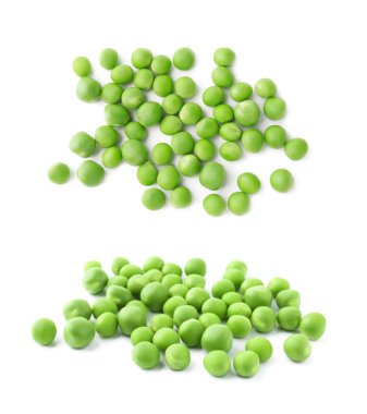 Beyaza izole edilmiş taze bezelyeler, kolaj. Üst ve yan görünüm