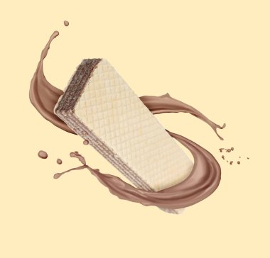 Lezzetli gofret ve çikolatalı süt bej arka planda havada sıçrıyor.