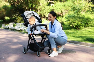 Parkta bebek arabasında sevimli bebeğiyle annesi