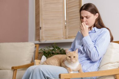 Evdeki koltukta kedisine alerjisi olan bir kadın.
