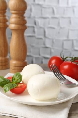 Lezzetli mozzarella peynir topları, domates ve fesleğen, yakın plan.