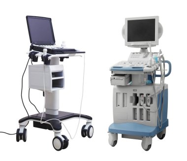 Beyazda izole edilmiş ultrason makineleri. Tıbbi ekipman