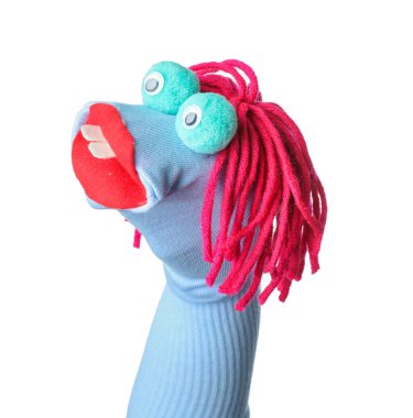 Beyaz saçlı, komik çorap kuklası.