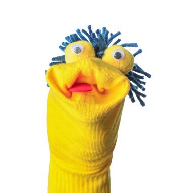 Beyaz saçlı, komik çorap kuklası.