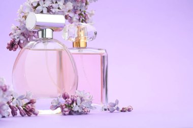 Parfümlü şişeler ve mor arka planda leylak çiçekleri, yakın plan. Metin için boşluk