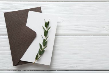 Boş davetiye kartı, zarf ve dal beyaz ahşap masa, üst manzara. Metin için boşluk