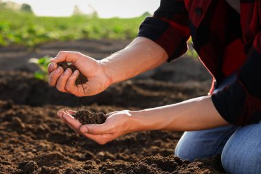 Tarlada toprak yığını tutan adam, yakın plan.