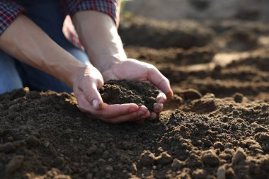 Tarlada toprak yığını tutan adam, yakın plan.